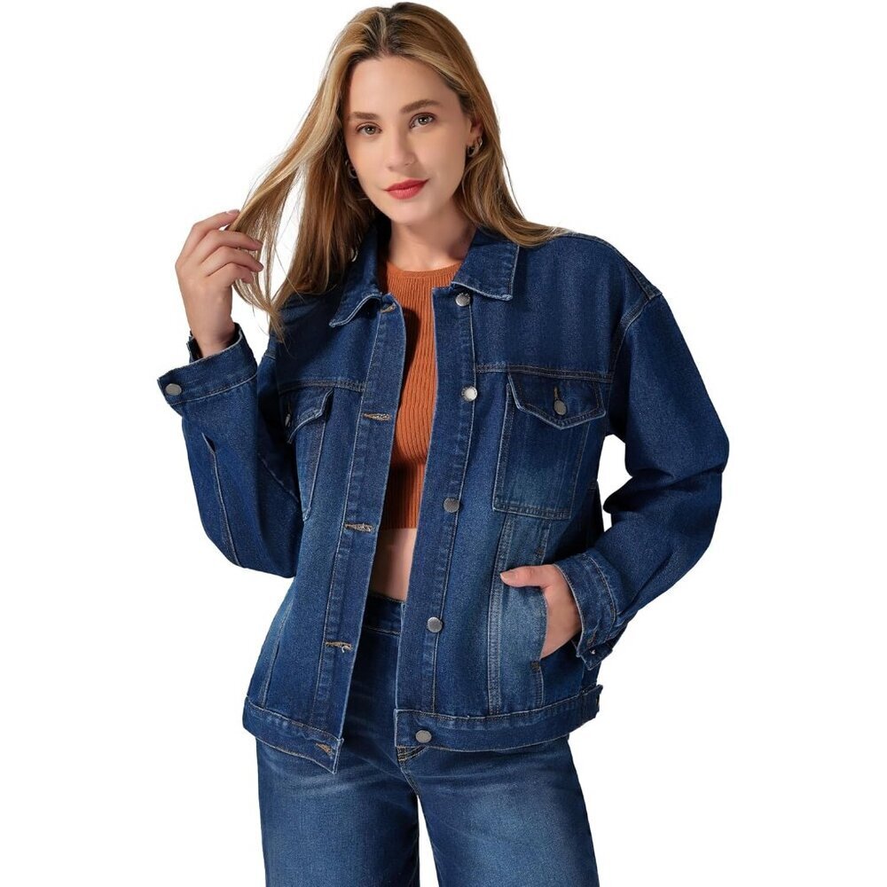 Women Jean Jacket Oversized Denim Western Trucker Coat Casual